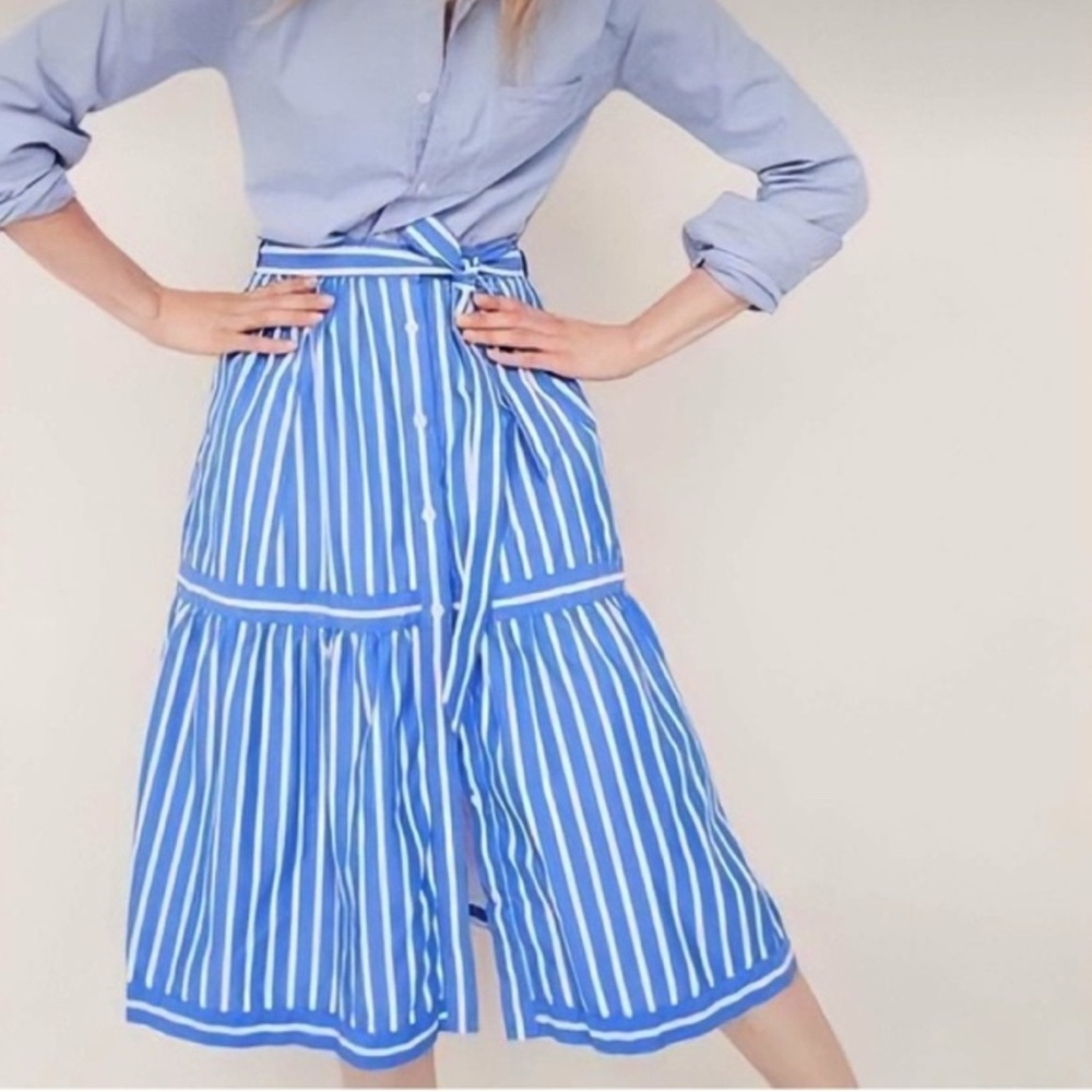 J. Crew Blue and White A-Line Midi Skirt with Tie Front